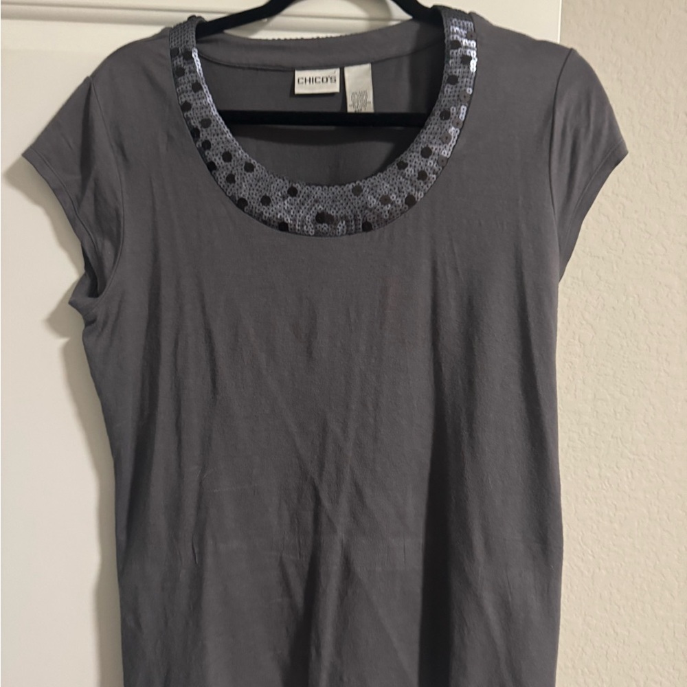 Chico's Charcoal Short Sleeve Top with Sequin Detail